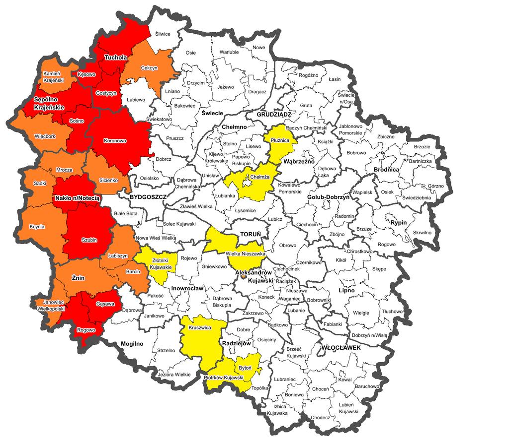 WOJEWÓDZTWO KUJAWSKO-POMORSKIE gminy najbardziej poszkodowane: 1) Gąsawa,