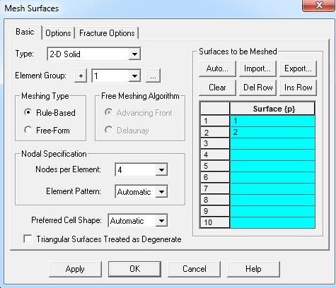 Na pasku narzędzi kliknąć Meshing Create Mesh Surface i w wyświetlonym oknie wprowadzić następujące