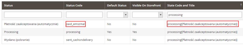 b) Płatność zaakceptowana (automatycznie) (status code: paid_emszmal) - przykładowy status do oznaczania zamówień poprawnie zaksięgowanych przez aplikację emszmal (przypisz go do State Code o