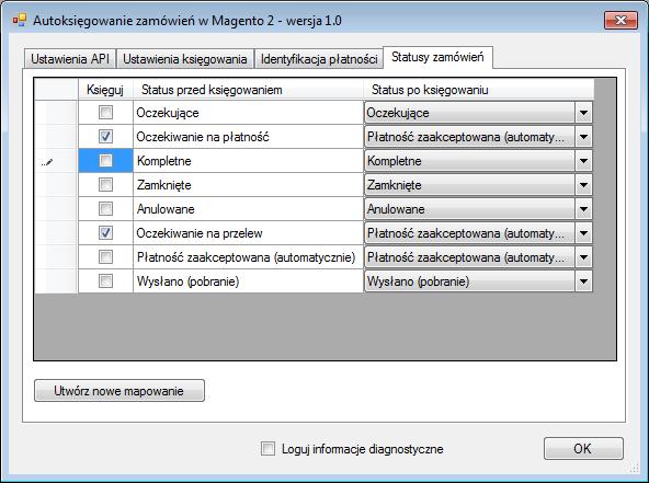 Powyższe ustawienie powoduje księgowanie tylko zamówień ze statusami Oczekiwanie na płatność Oczekiwanie na przelew z