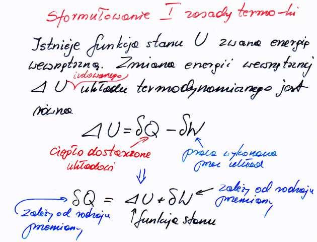 V. (3 pkt) A) Przedstaw pisemnie I i II zasadę termodynamiki, fizyczne znaczenie zastosowanych w zapisach Rodzaj przemiany A B Izotermiczna 0 B C Izochoryczna U δq δw nc V (T B T A ) C D Izotermiczna