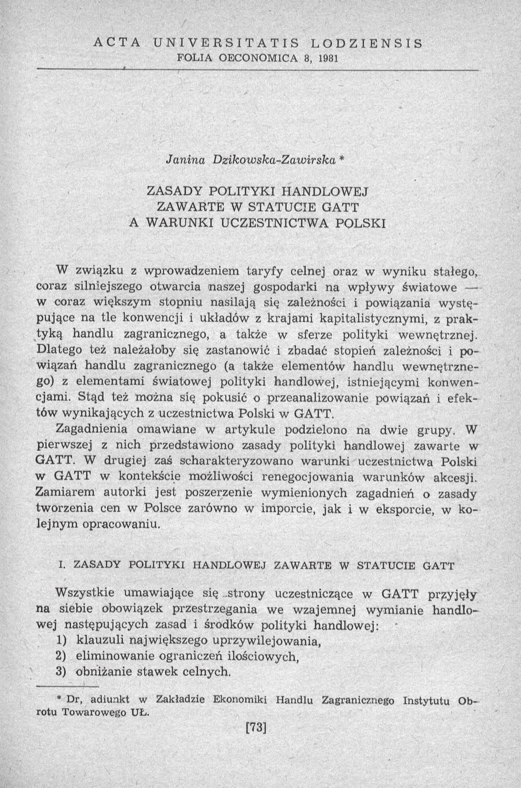 A C T A U N I V E R S I T A T I S L O D Z I E N S I S FOLIA OECONOMICA 8, 1981 ----------- ж.