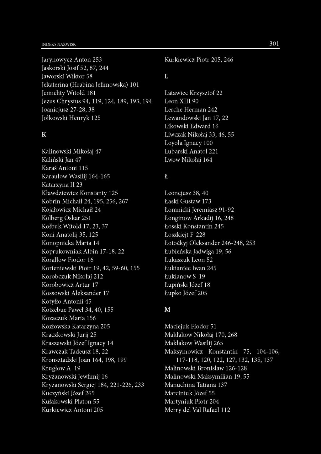 Michaił 24 Kolberg Oskar 251 Kcłbuk Witcld 17, 23, 37 Koni Anatolij 35, 125 Konopnicka Maria 14 Kcprukcwniak Albin 17-18, 22 Korałłow Fiodor 1б Korieniewski Piotr 19, 42, 59-б0, 155 Kcrcbczuk Nikołaj