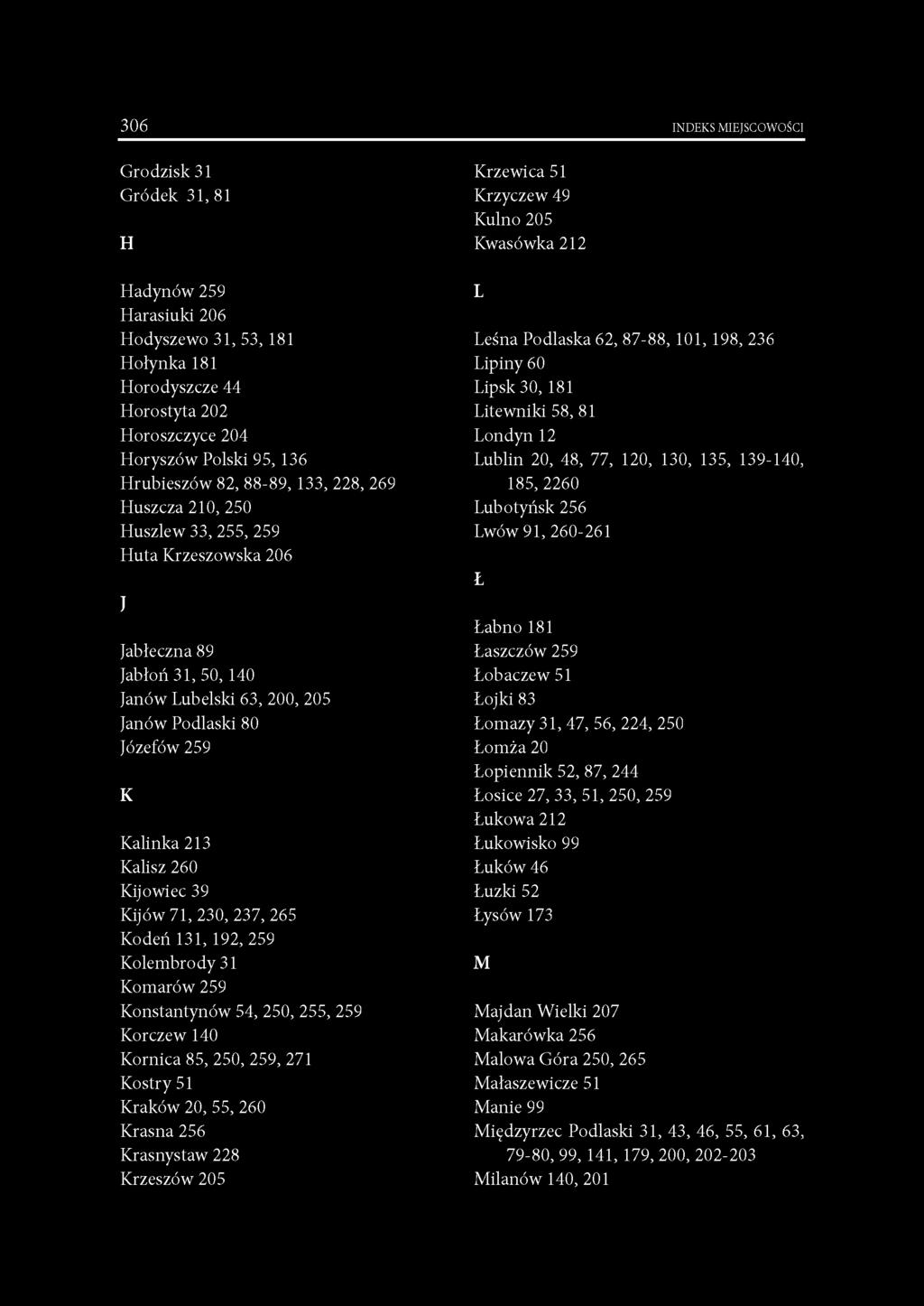 Kijowiec 39 Kijów 71, 230, 237, 265 Kodeń 131, 192, 259 Kolembrody 31 Komarów 259 Konstantynów 54, 250, 255, 259 Korczew 140 Kornica 85, 250, 259, 271 Kostry 51 Kraków 20, 55, 260 Krasna 256