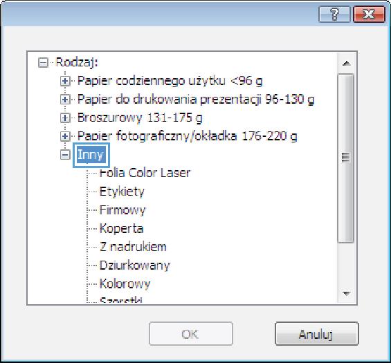 6. Rozwiń kategorię rodzajów papieru, która najlepiej opisuje wykorzystywany papier. UWAGA: Etykiety i folie przezroczyste znajdują się na liście opcji Inny. 7.