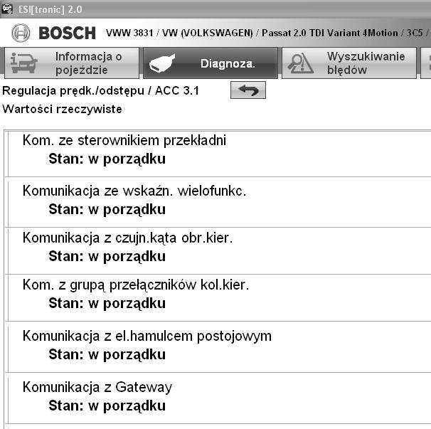 Diagnostyka radarowego systemu ACC 233 biegów sygnałów w trybie oscyloskopu.