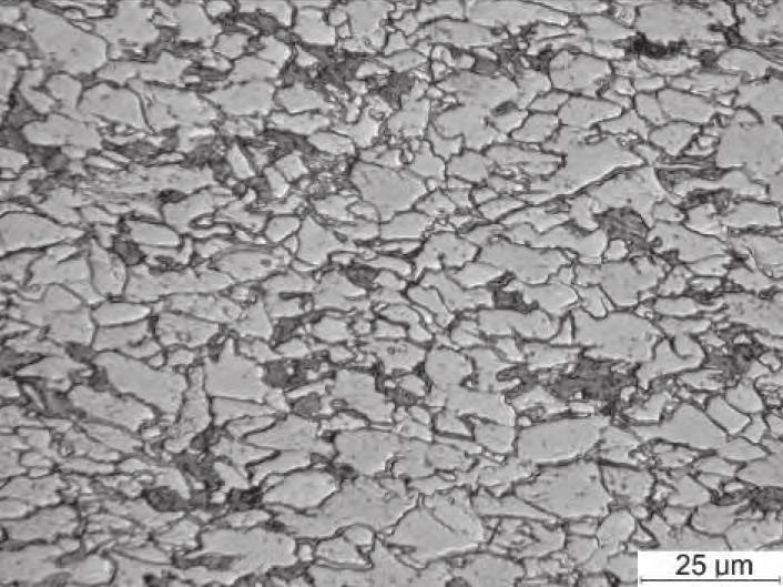 7 mm sheet after thermomechanical treatment using LPS line, variant no. 222, longitudinal section: a) surface, b) 1/3 of thickness Tablica 5.