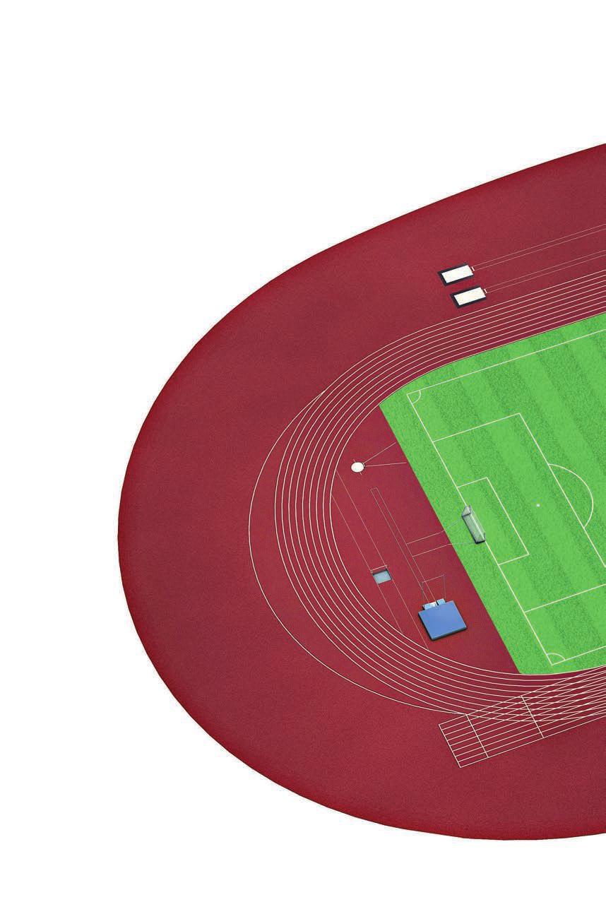 TIEFBAU GALABAU AQUABAU SPORTBAU WYPOSAŻENIE DO BUDOWY OBIEKTÓW SPORTOWYCH Przykładowy stadion: 1 Boisko główne 68 m x 105 m 2 Osiem torów bieżni 3 Skok wzwyż w