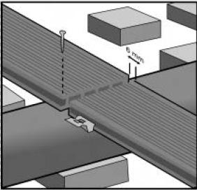 MOCOWANIE I ŁĄCZENIE DESEK Deski układa się stroną rowkowaną (przeciwpoślizgową) do góry, pozostawiając dystans na długości i szerokości ok. 8 mm (12mm dla desek o dł.