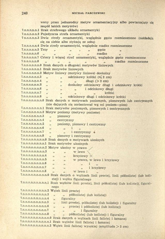 240 MICHAŁ PARCZEWSKI wany przez jednorodny motyw ornamentacyjny albo powtarzający się zespół takich motywów) 7.n.n.n.n.n.l Brak strefowego układu ornamentyki 7.n.n.n.n.n.2 Pojedyncza strefa ornamentyki 7 n.