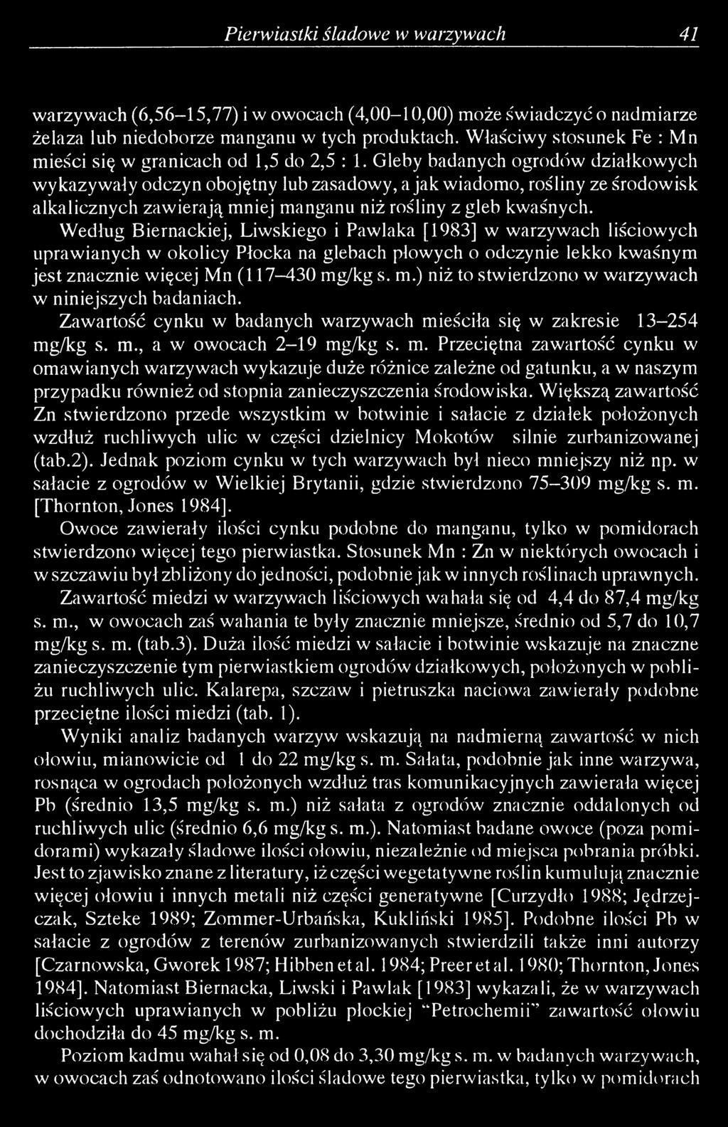 Gleby badanych ogrodów działkowych wykazywały odczyn obojętny lub zasadowy, a jak wiadomo, rośliny ze środowisk alkalicznych zaw ierają mniej manganu niż rośliny z gleb kwaśnych.