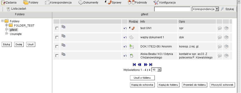 (foldery prywatne) oraz rejestrów, tworzenie hierarchii folderów/rejestrów, umieszczanie w folderach/rejestrach dokumentów, spraw, podmiotów, korespondencji, przeglądanie zawartości