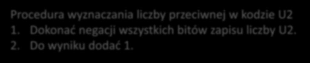 Przykład (cd) Procedura wyznaczania liczby przeciwnej w kodzie U2 1. Dokonać negacji wszystkich bitów zapisu liczby U2. 2. Do wyniku dodać 1. 01101110 (U2).