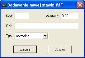 SOSPA System Obsługi SPA Rys. 67. Dodawanie nowej stawki VAT. 10.2.2. Edycja stawki VAT. Funkcja edycji stawki VAT umożliwia skorygowanie wartości procentowej oraz opisu. 10.2.3. Usuwanie stawki VAT.