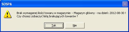 SOSPA System Obsługi SPA_ j Rys. 14. Komunikat informujący o brakach w magazynie. Rys. 15.