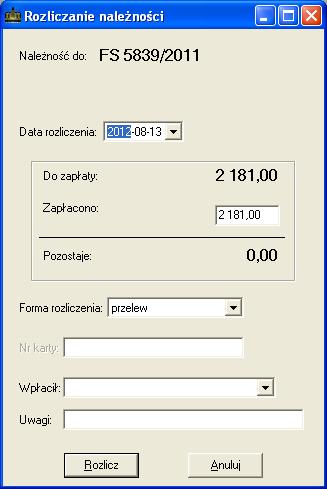 SOSPA System Obsługi SPA Rys. 45. Rozliczanie należności. Domyślną formą rozliczenia jest ta, którą wybrano na dokumencie sprzedaży powiązanym z należnością.