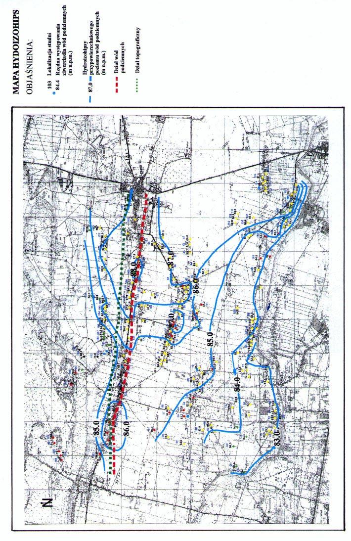 Ryc 5. Mapa hydrogeologiczna przypowierzchniowej warstwy wodonoœnej œrodkowej czêœci zlewni rzeki Utraty. Stan na wrzesieñ 1999 roku Fig. 5. Hydrogeological map of shallow aquifer in the central part of the Utrata catchment.