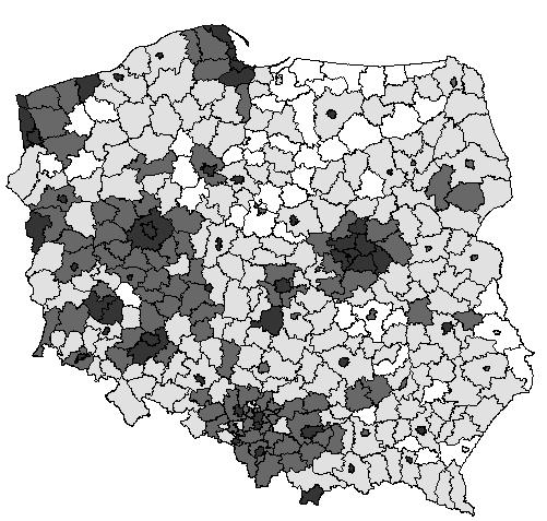 Powiaty dobrze rozwinięte gospodarczo mają tendencję do przestrzennego skupiania się, podobnie jak powiaty słabe gospodarczo.