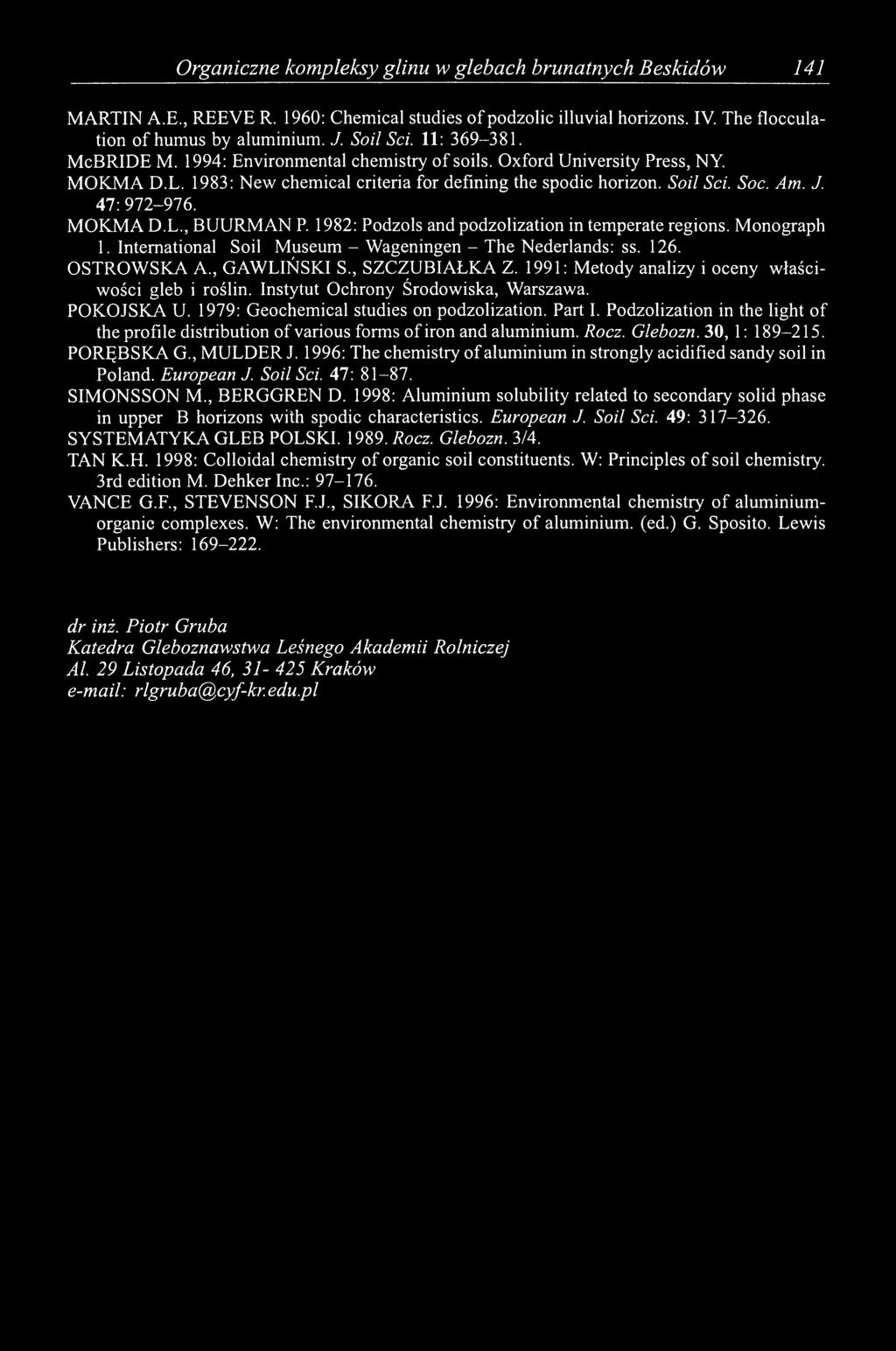 MOKMA D.L., BUURMAN P. 1982: Podzols and podzolization in temperate regions. Monograph 1. International Soil Museum - Wageningen - The Nederlands: ss. 126. OSTROWSKA A., GAWLIŃSKI S., SZCZUBIAŁKA Z.