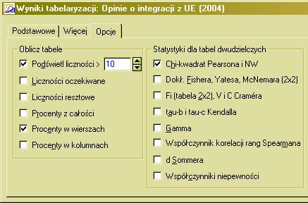 Wnioskowanie statystyczne Przywracając ponownie okno analiz (zminimalizowane u dołu ekranu lub korzystając z użytecznego skrótu CTRL + R) włączamy zakładkę opcje i zaznaczamy opcję, wywołującą wyniki