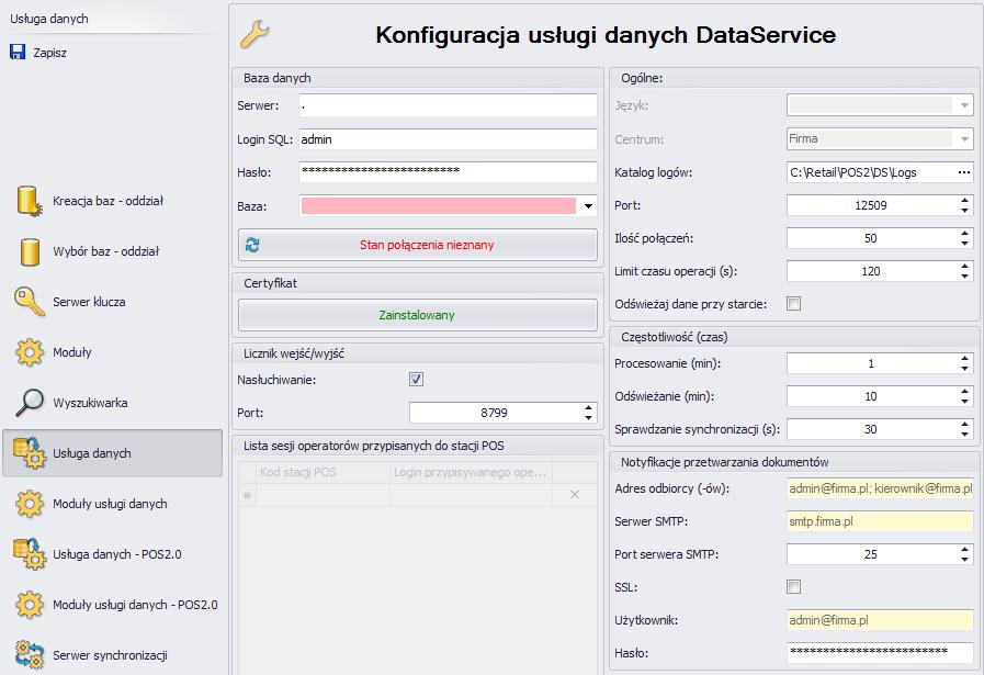 Rys. 56 Konfiguracja usługi danych DataService Jeżeli do konfigurowanego stanowiska (centrali lub oddziału) nie będzie podłączane stanowisko POS, ten krok można pominąć. 5.2.