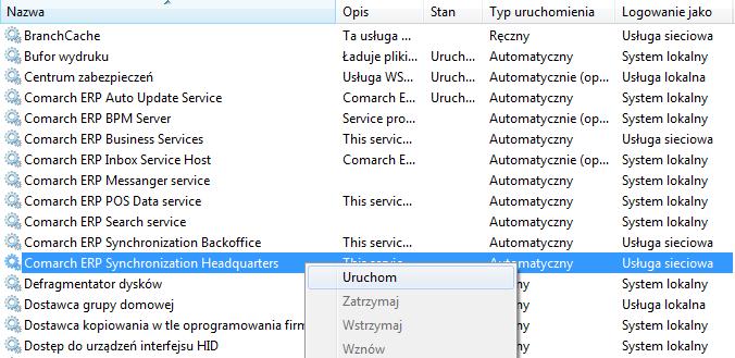 Rys. 62 Uruchomienie usługi Comarch ERP Synchronization