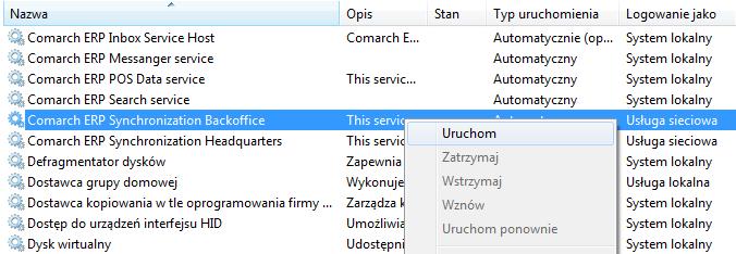 Po zapisaniu zmian w celu umożliwienia synchronizacji od strony oddziału należy uruchomić / zrestartować usługę Comarch ERP