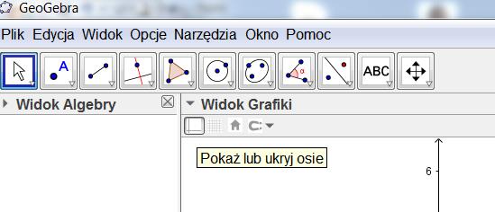 1. Otwórz nowy plik GeoGebry. 2. W menu Widok mają być włączone opcje: Widok Algebry, Widok Grafiki. W menu Opcje wybierz Etykietowanie -> Bez nowych obiektów.