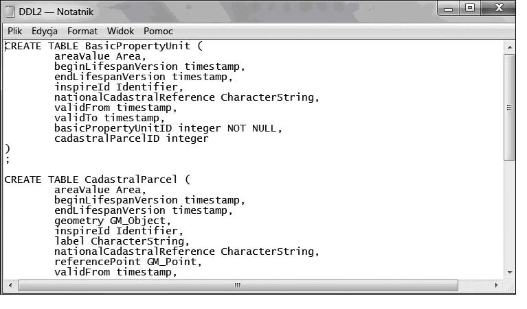 104 MODELE DANYCH PRZESTRZENNYCH W UML I ICH TRANSFORMACJA DO SCHEMATÓW GML... Fragment automatycznie wygenerowanego skryptu DDL dedykowanego SZBD MS Access przedstawia rysunek 10.