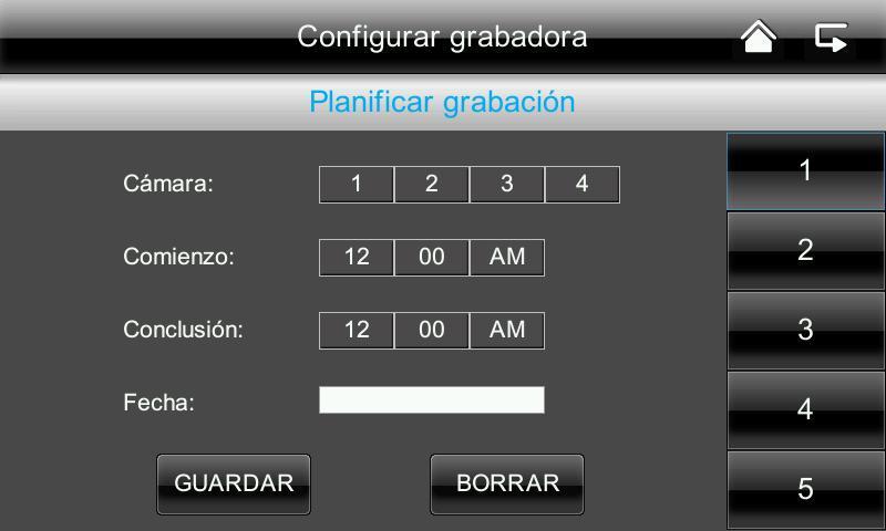 Español Grabación con temporizador Puede programar una hora de grabación para grabar a una hora determinada. Puede programar hasta 5 grabaciones. 1. Seleccione primero el número de la cámara. 2.