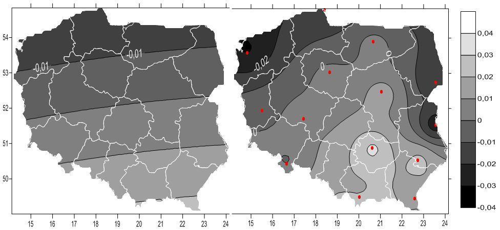 wymienionych ekscentrach sieci ASG-EUPOS. Wyznaczone parametry transformacji zamieszczono w tabeli nr 32.