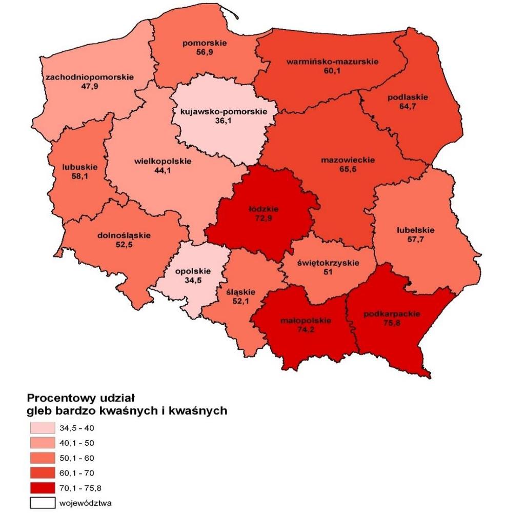 Rys. 1 Przestrzenne zrożnicowanie próbek gleb w klasach odczynu bardzo