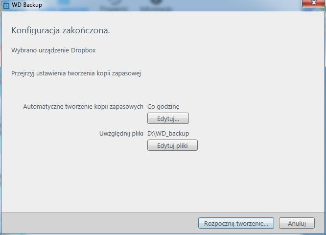 Tworzenie kopii zapasowej plików d. Program WD Backup wyświetli komunikat o pomyślnym uzyskaniu dostępu do konta Dropbox. e.