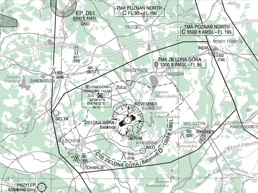Przestrzeń powietrzna TMA Poznań dzieli się na: sektory North: A, B, C, D odpowiednio od 1600 ft do FL 195 i sektory South: A, B, C, D, E, F, G odpowiednio od 2100 ft do FL 195.