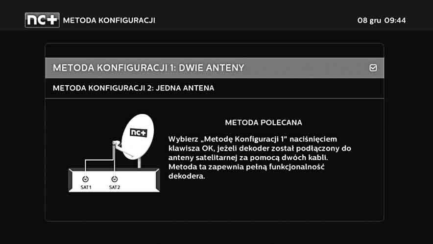 15 Ustawianie anteny Dekoder umożliwia wybór jednej z dwóch konfiguracji anteny: > dwa sygnały antenowe (np. z konwerterem Twin); > jeden sygnał antenowy (z konwerterem pojedynczym).