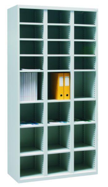 Półki można dowolnie przestawiać w odstępach co 25 mm, wysuwana półka zamontowana na mocnych prowadnicach, dolna szafka wyposażona w przestawną półkę na segregatory i