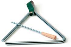 Skórzany uchwyt zapobiega wyślizgiwaniu się i spadaniu trójkąta, Dla wygody grającego metalowa pałeczka posiada drewniany uchwyt.