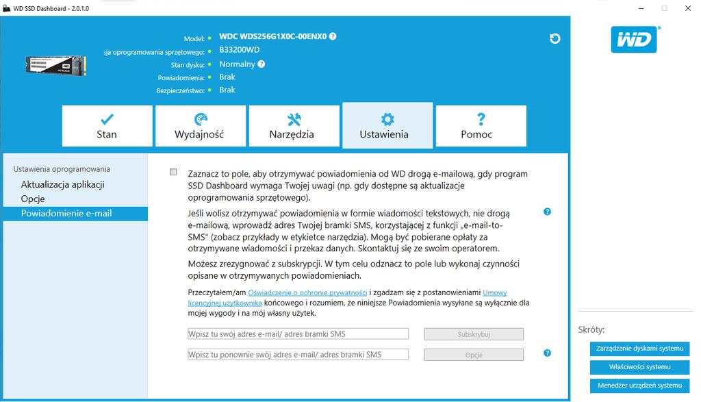 Ustawienia 2. Kliknij łącze Oświadczenie o ochronie poufności i łącze Umowa Licencyjna Użytkownika w celu przejrzenia tych dokumentów. 3.