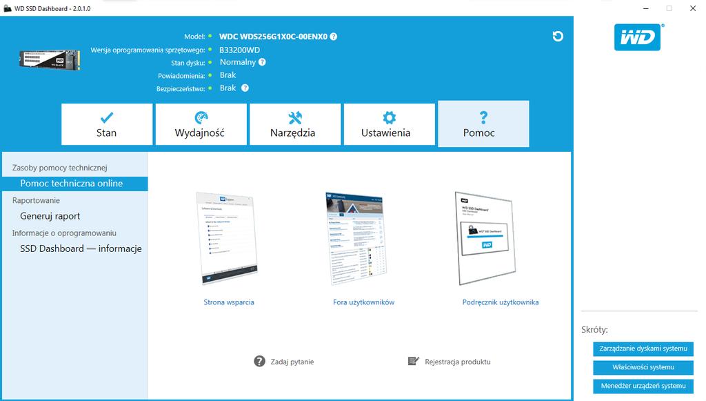 Pomoc 6 Pomoc Pomoc techniczna w Internecie Generowanie raportu Informacje o interfejsie administracyjnym WD SSD Pomoc techniczna w Internecie Sekcja Pomoc techniczna online zawiera łącza do witryny