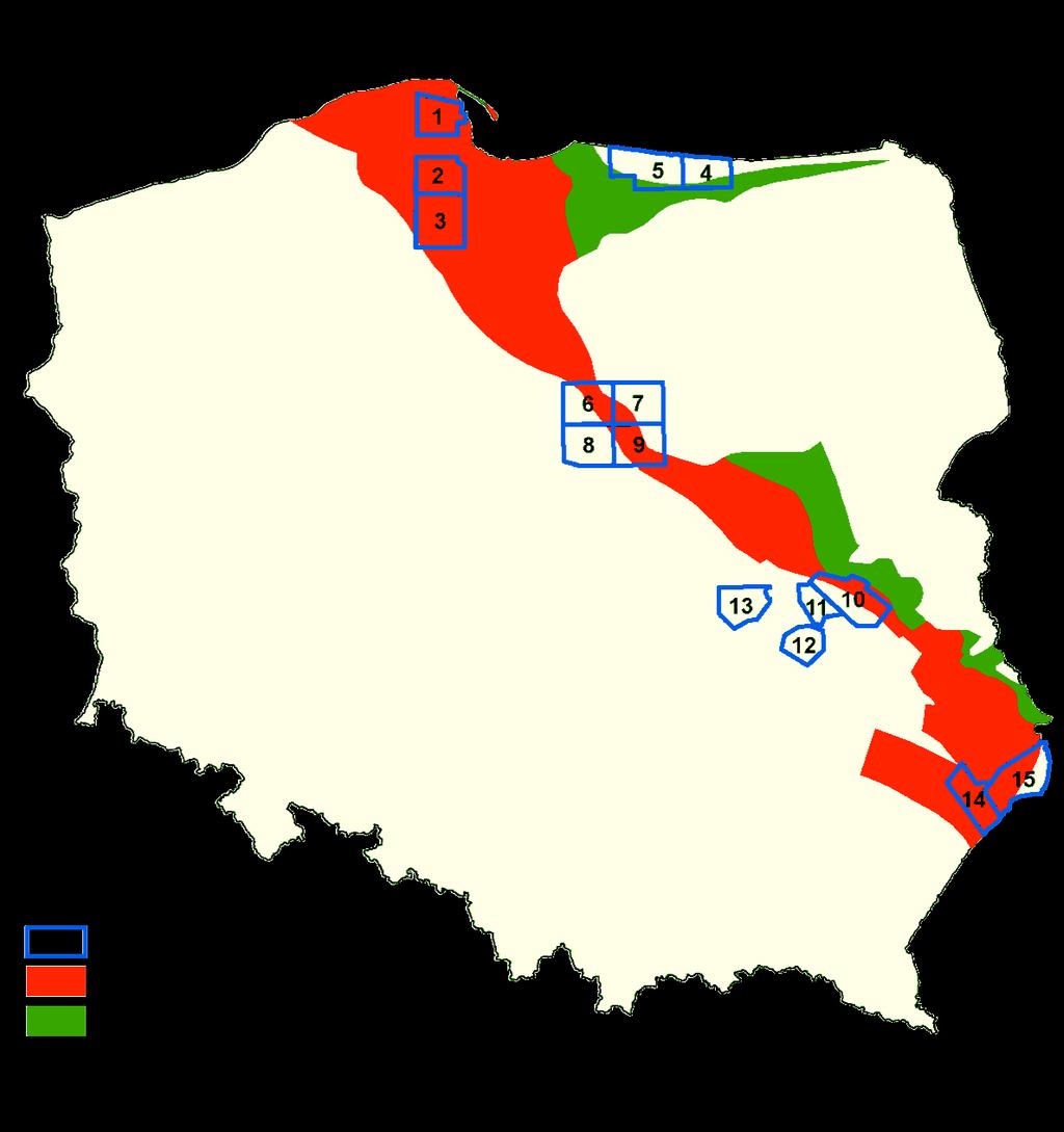 Obszary perspektywiczne występowania węglowodorów w łupkach [wg P. Poprawa, 2010] Koncesje PGNiG powierzchnia km 2 1 Wejherowo 729.99 2 Kartuzy - Szemud 782.61 3 Stara Kiszewa 1 178.