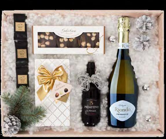 02 Minima 2 pudełko ozdobne pudełko ozdobne Prosecco Riondo 0,7L Primitivo Di Puglia 0,187L Hamlet Czekoladki Chesterfield White 125g Jacobsen Medaliony z orzechami