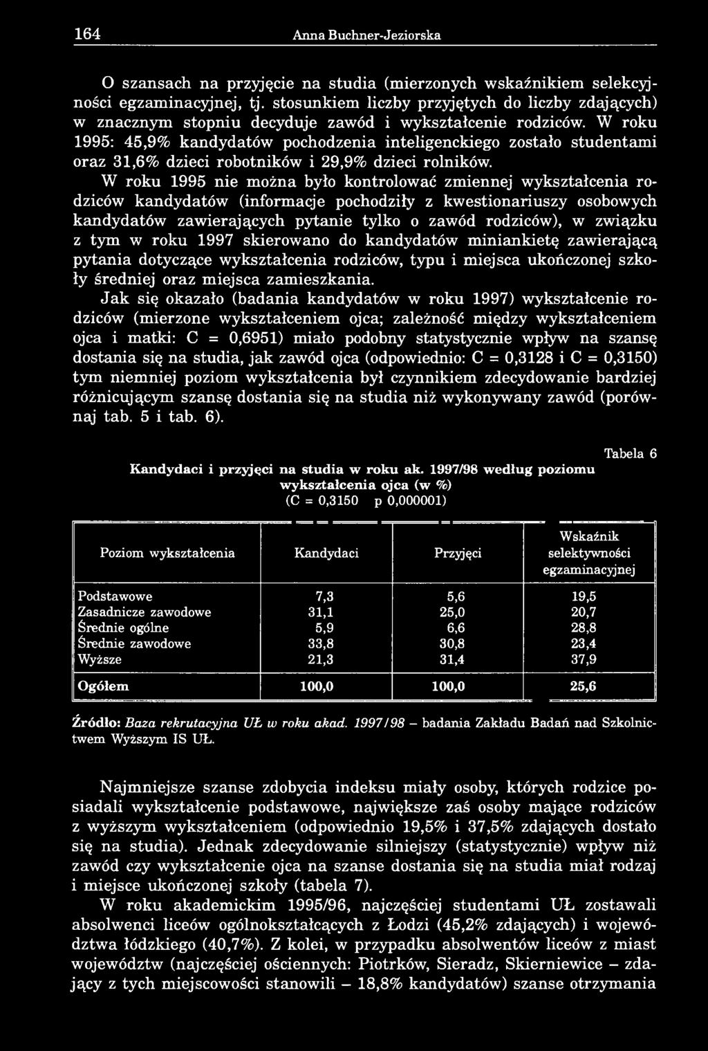 W roku 1995: 45,9% kandydatów pochodzenia inteligenckiego zostało studentami oraz 31,6% dzieci robotników i 29,9% dzieci rolników.