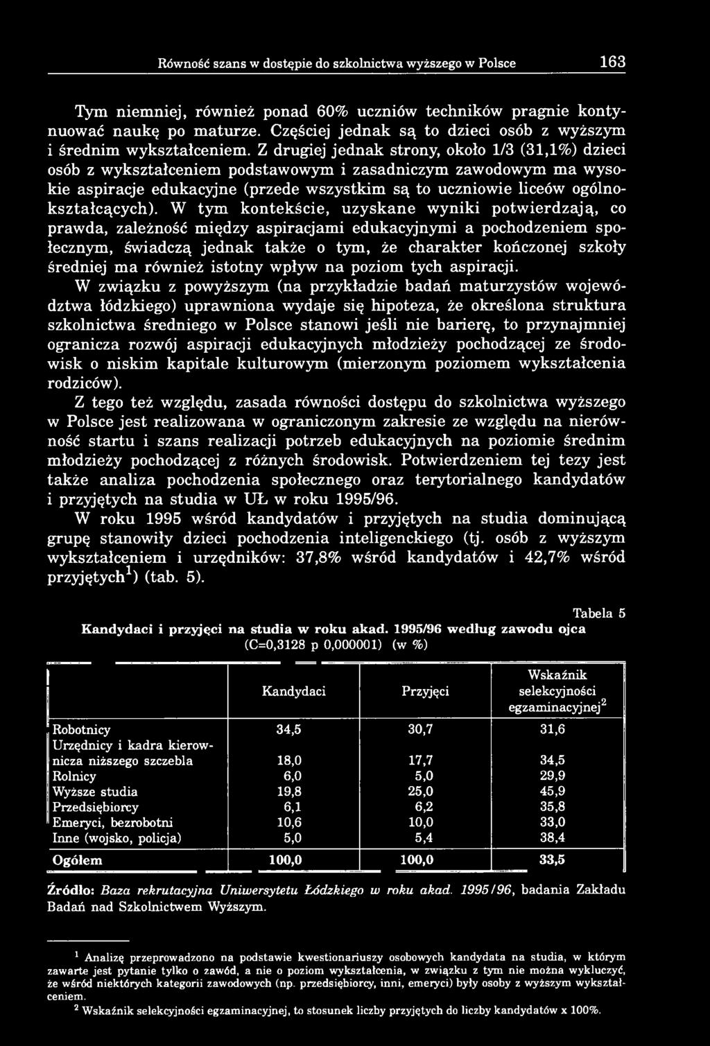 Z drugiej jednak strony, około 1/3 (31,1%) dzieci osób z wykształceniem podstawowym i zasadniczym zawodowym ma wysokie aspiracje edukacyjne (przede wszystkim są to uczniowie liceów