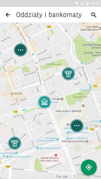 Lokalizacja placówek i bankomatów opcja pozwala na odszukanie najbliższego bankomatu jak również