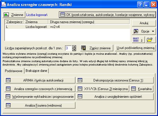 Po zdefiniowaniu analizowanej zmiennej i naciśnięciu klawisza OK odnajdujemy kartę z Autokorelacją. Funkcja autokorelacji Liczba logowań: =v2-v4 (Błędy standardowe to oceny białego szumu) Opóźn Kor.