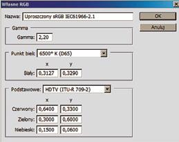 6. Jeżeli chcesz określić przestrzeń kolorów RGB zgodnie z Twoim monitorem, wybierz z listy przestrzeni RGB polecenie Wczytaj RGB, a następnie wybierz profil, który utworzyłeś podczas kalibrowania