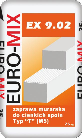 OPAKOWANIE: ZUŻYCIE: 8 kg/m2 muru z pustaka gazobetonowego 25x25x50 cm przy grubości spoiny 3 mm NAZWA HANDLOWA: EX 9.