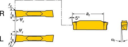 orout 1- i 2-ostrzowy Przecinanie orout 1- i 2-ostrzowy - Płytki wymienne PRZENANE TOZENE ROWKÓW Mały posuw Tolerancje, (): l a= ±0.02 (±.0008) r ε= ±0.05 (±.