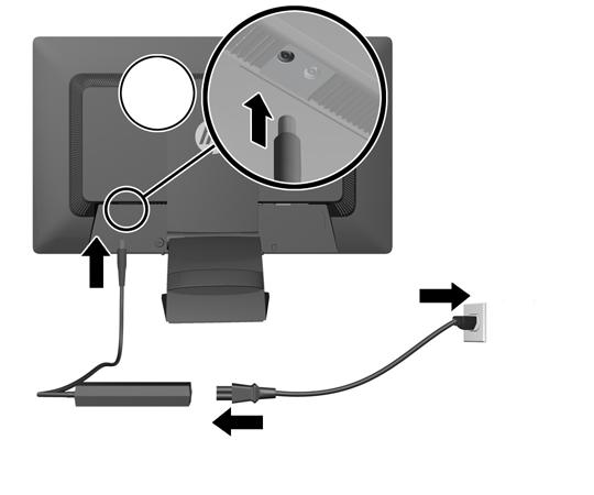 5. Podłącz zaokrągloną końcówkę kabla zasilającego do gniazda IN zasilania z tyłu monitora.