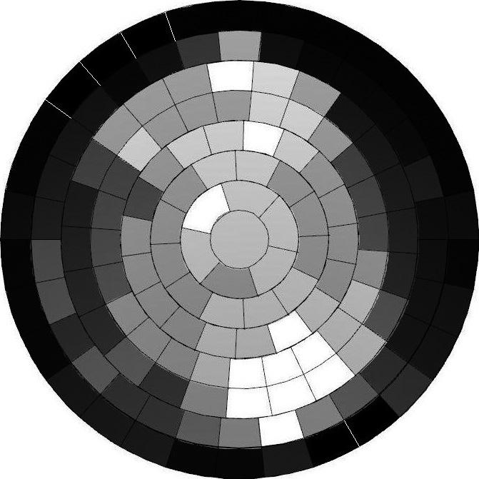 Rozkład luminancji nieboskłonu dla 11lipca a) z nałożoną siatką i numeracją pierścieni, b) z siatką o uśrednionych wartościach luminancji Fig. 4.